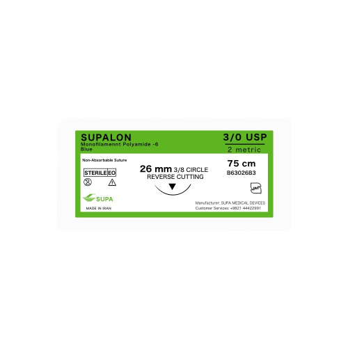 نخ بخیه نایلون 3/0 با سوزن کاتینگ ۳۰ سوپا کالا پزشکی ترکش