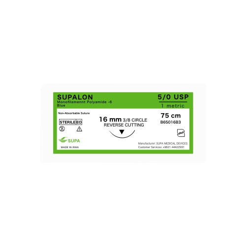 نخ بخیه نایلون 5/0 با سوزن کاتینگ 16 سوپا کالا پزشکی ترکش